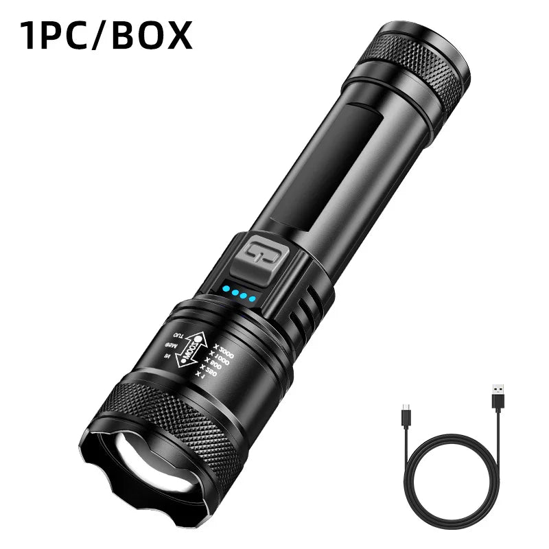 High Strong Power Led Flashlights Tactical Torch with Display Light USB Charging Camping Fishing Emergency Zoom Lantern