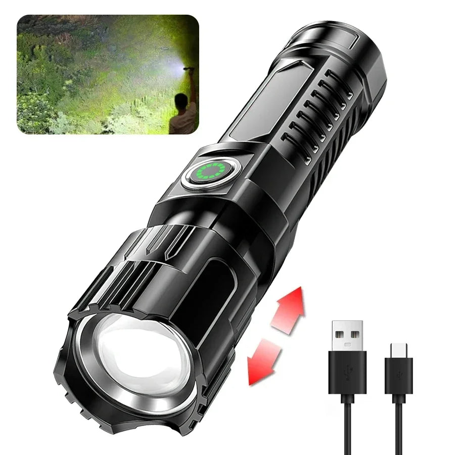High Strong Power Led Flashlights Tactical Torch with Display Light USB Charging Camping Fishing Emergency Zoom Lantern