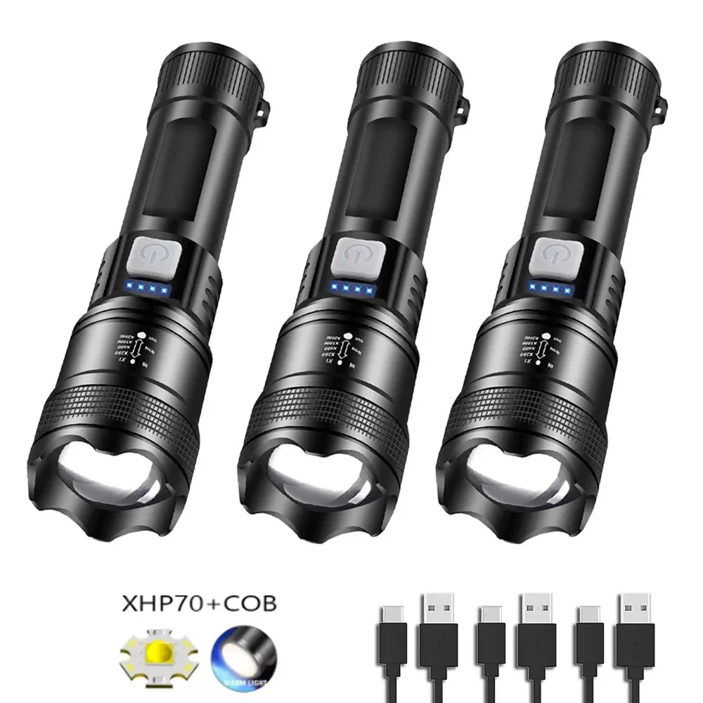 High Strong Power Led Flashlights Tactical Torch with Display Light USB Charging Camping Fishing Emergency Zoom Lantern